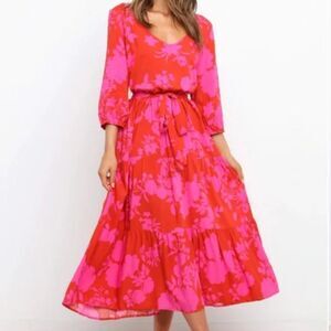 Petal & Pup Alijah Dress Pink Red Floral Tie Waist MIDI Dress small